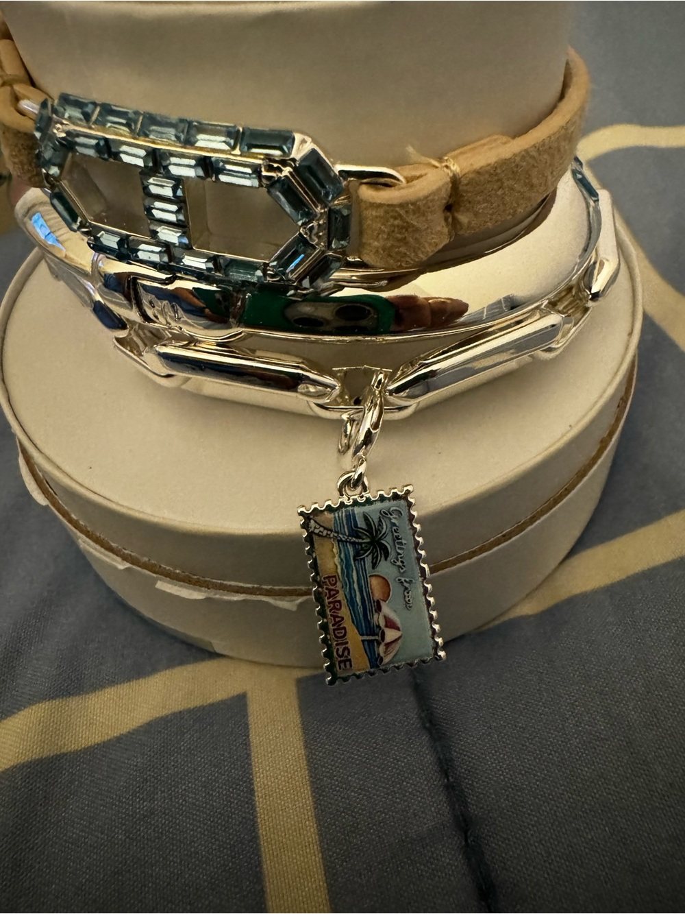 Stacked Silver and Tan Bracelet Set with Blue Crystal Accent - Women Accessories